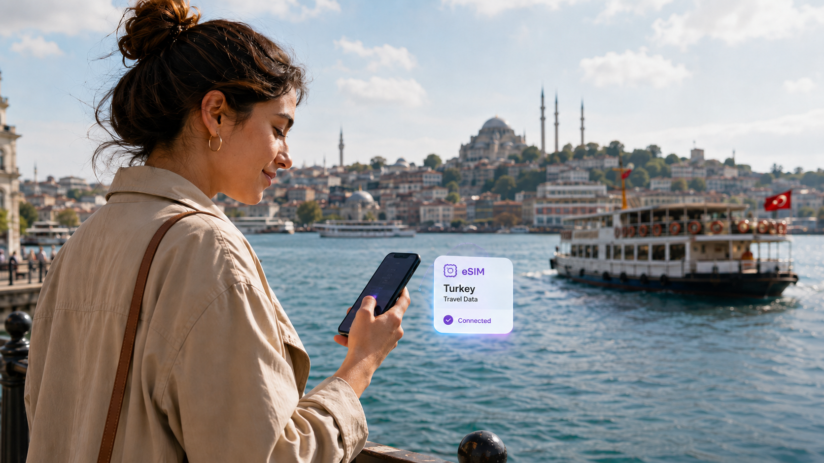Traveler using a smartphone with a Turkey eSIM for mobile data in Istanbul