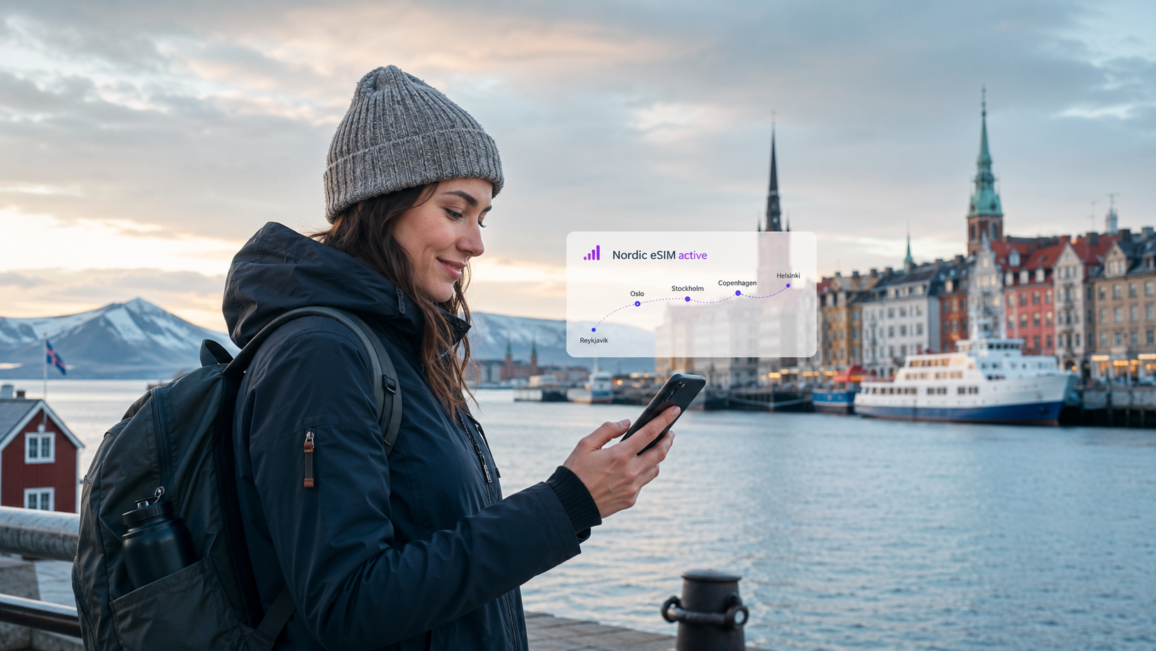Traveler using a smartphone with a Nordic eSIM for data across Norway, Sweden, Denmark, Finland and Iceland