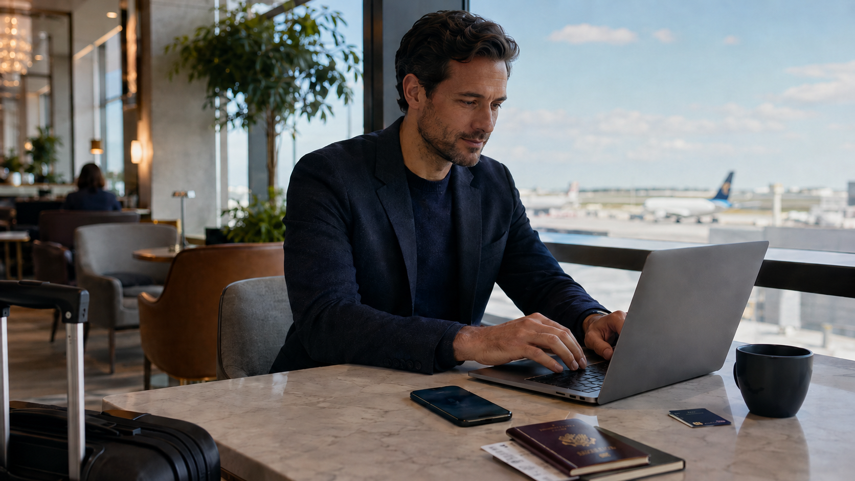 Business traveler using a smartphone and laptop with an eSIM for mobile data abroad