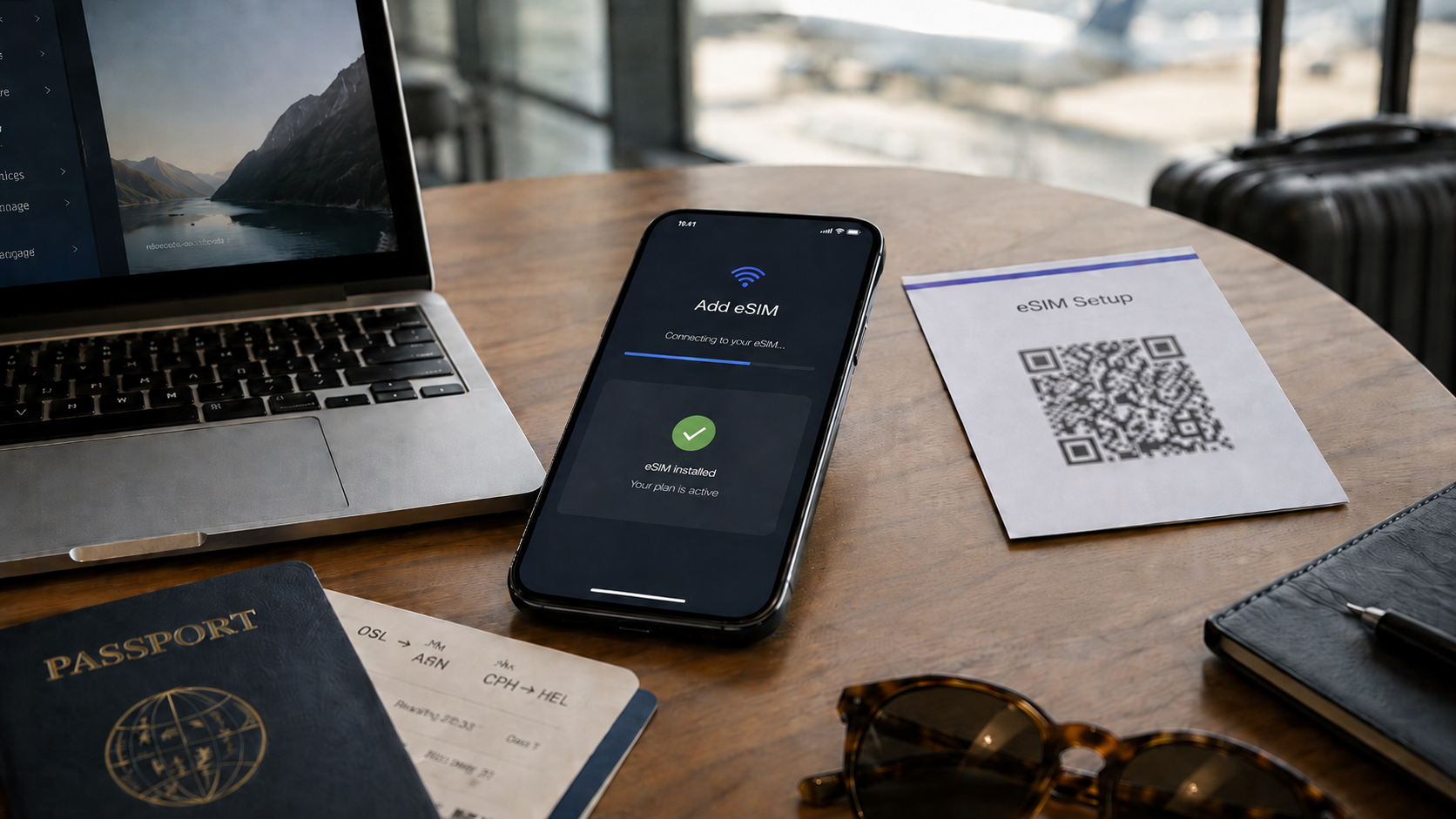 Traveler fixing an eSIM QR code issue on a smartphone before a trip
