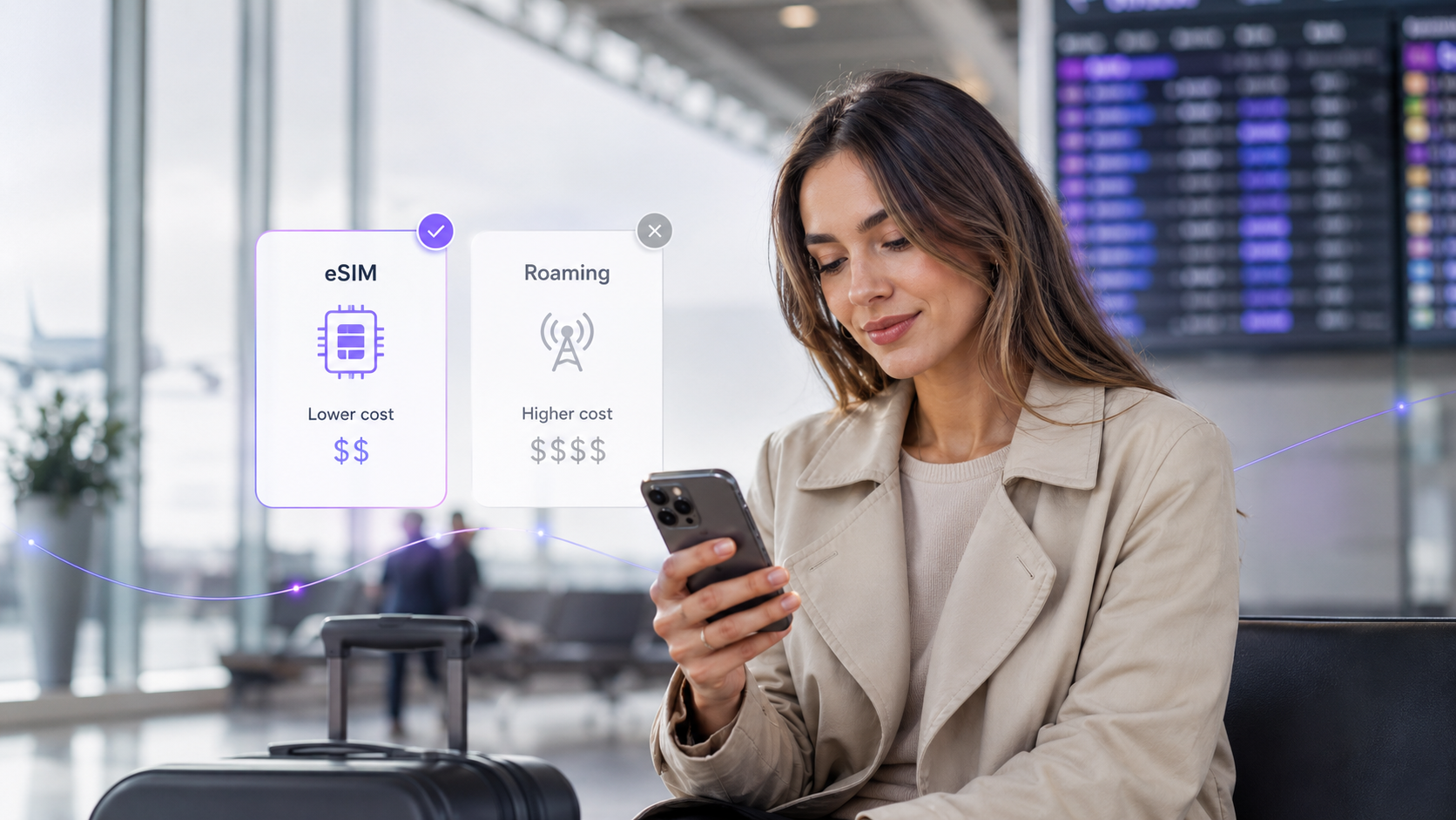Traveler comparing eSIM and roaming costs for international travel on a smartphone