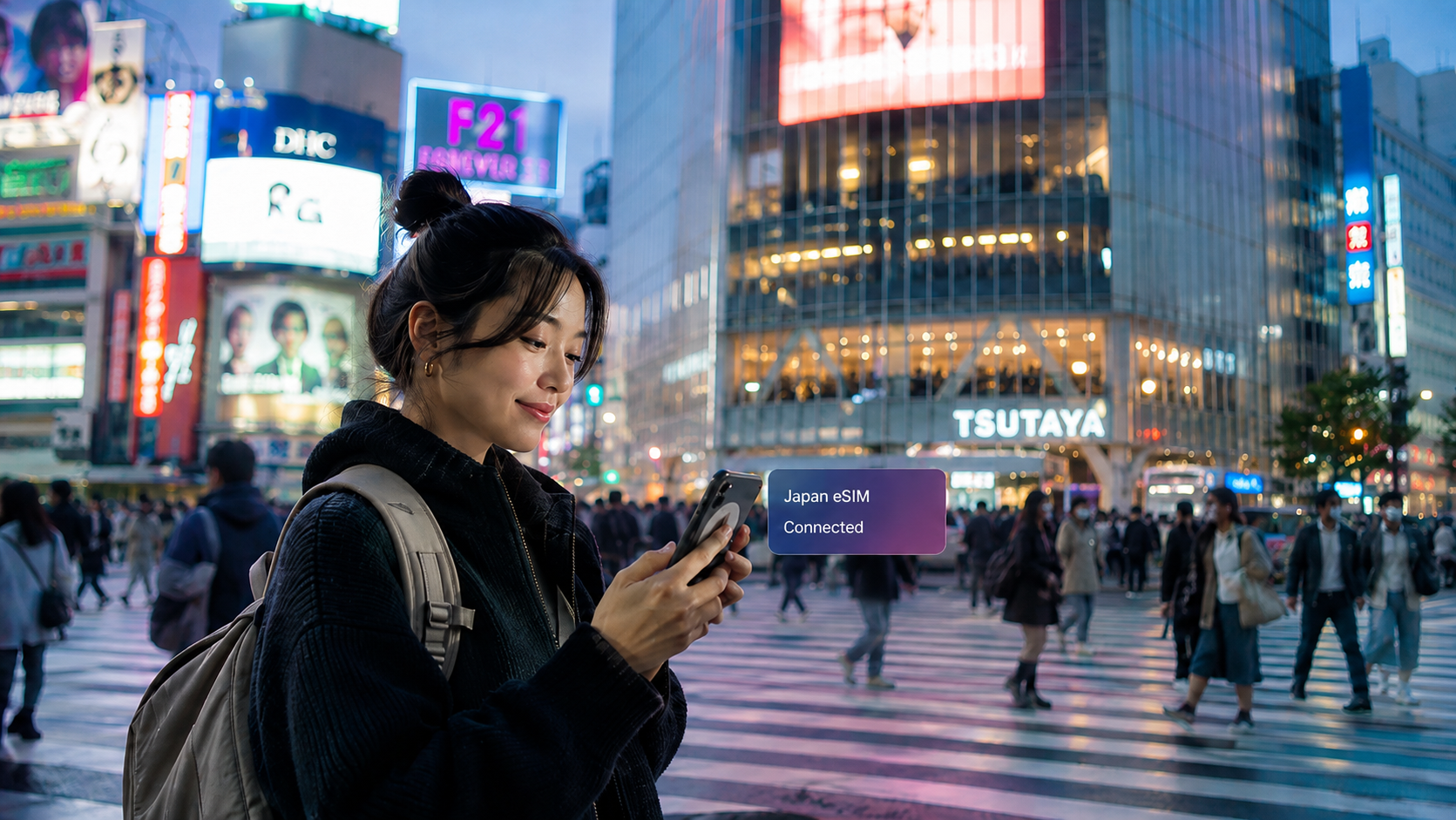 Traveler using a smartphone with a Japan eSIM for mobile data without a local SIM card