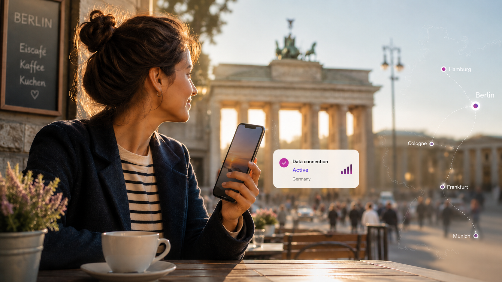 Traveler using a smartphone with a Germany eSIM for easy mobile data while visiting Berlin