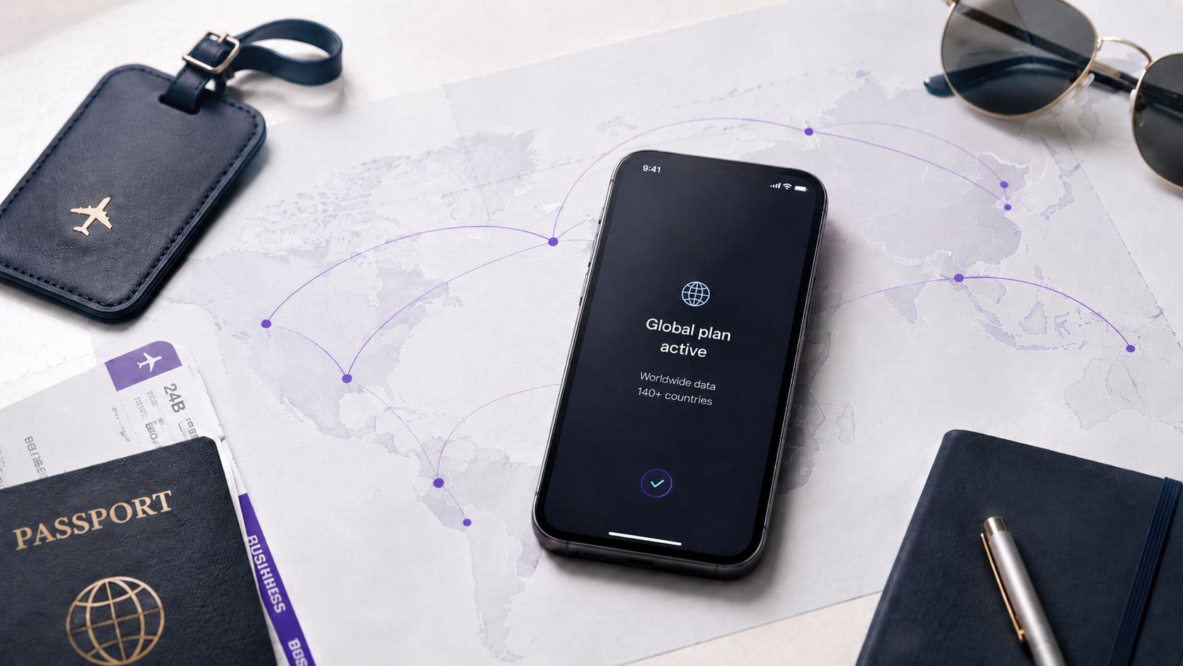 Smartphone showing a global eSIM data plan for travel across multiple countries