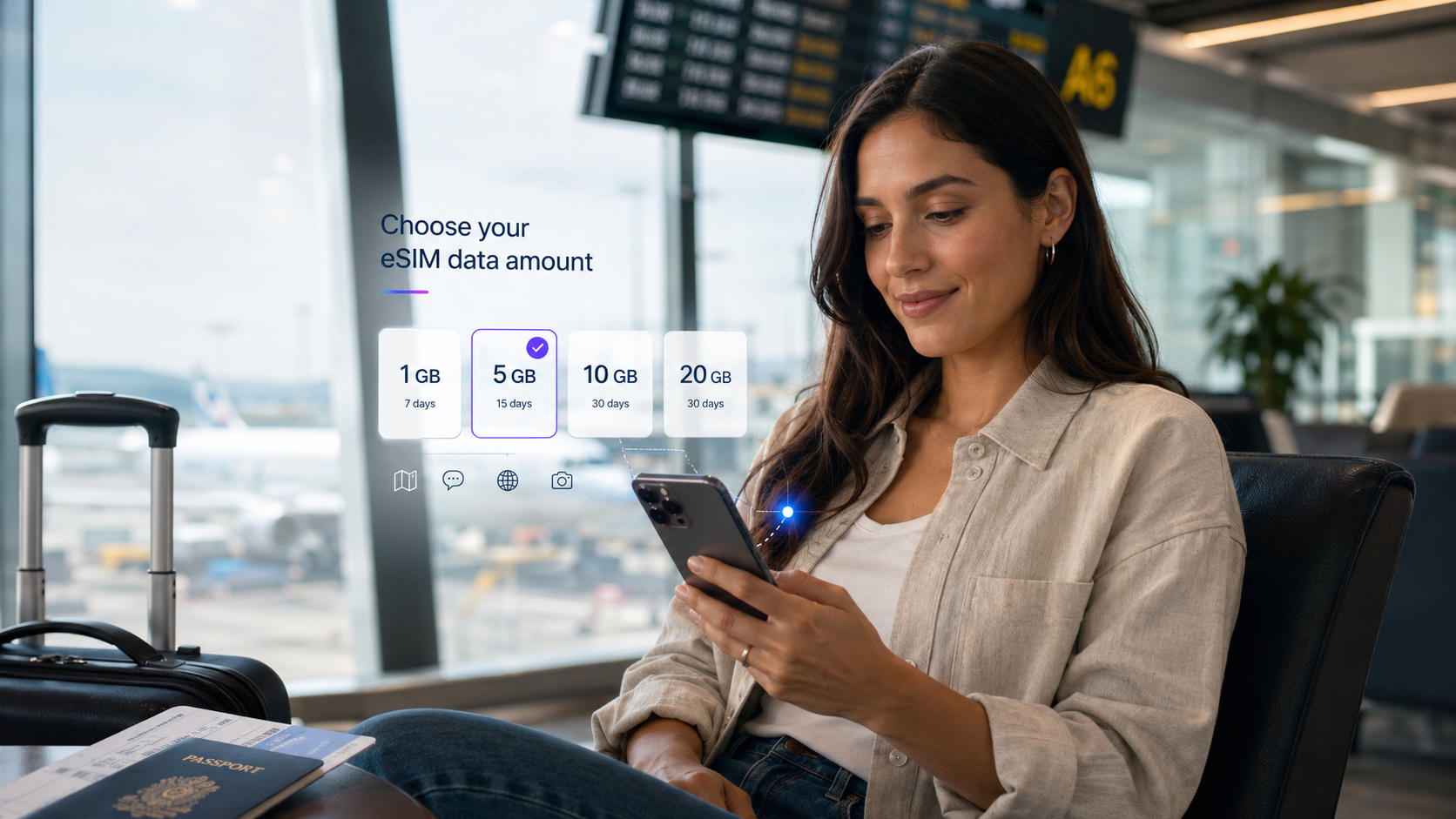 Traveler choosing a mobile data plan on a smartphone before traveling abroad