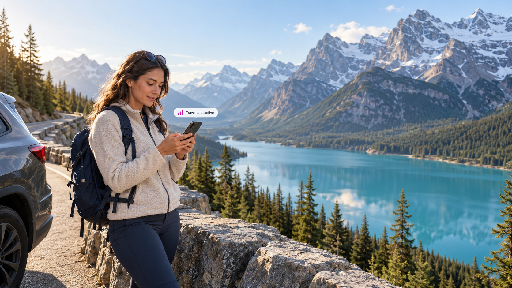 A traveler using a smartphone beside a turquoise lake in the Canadian Rockies, highlighting easy mobile connectivity with a duasim eSIM during a North America road trip.