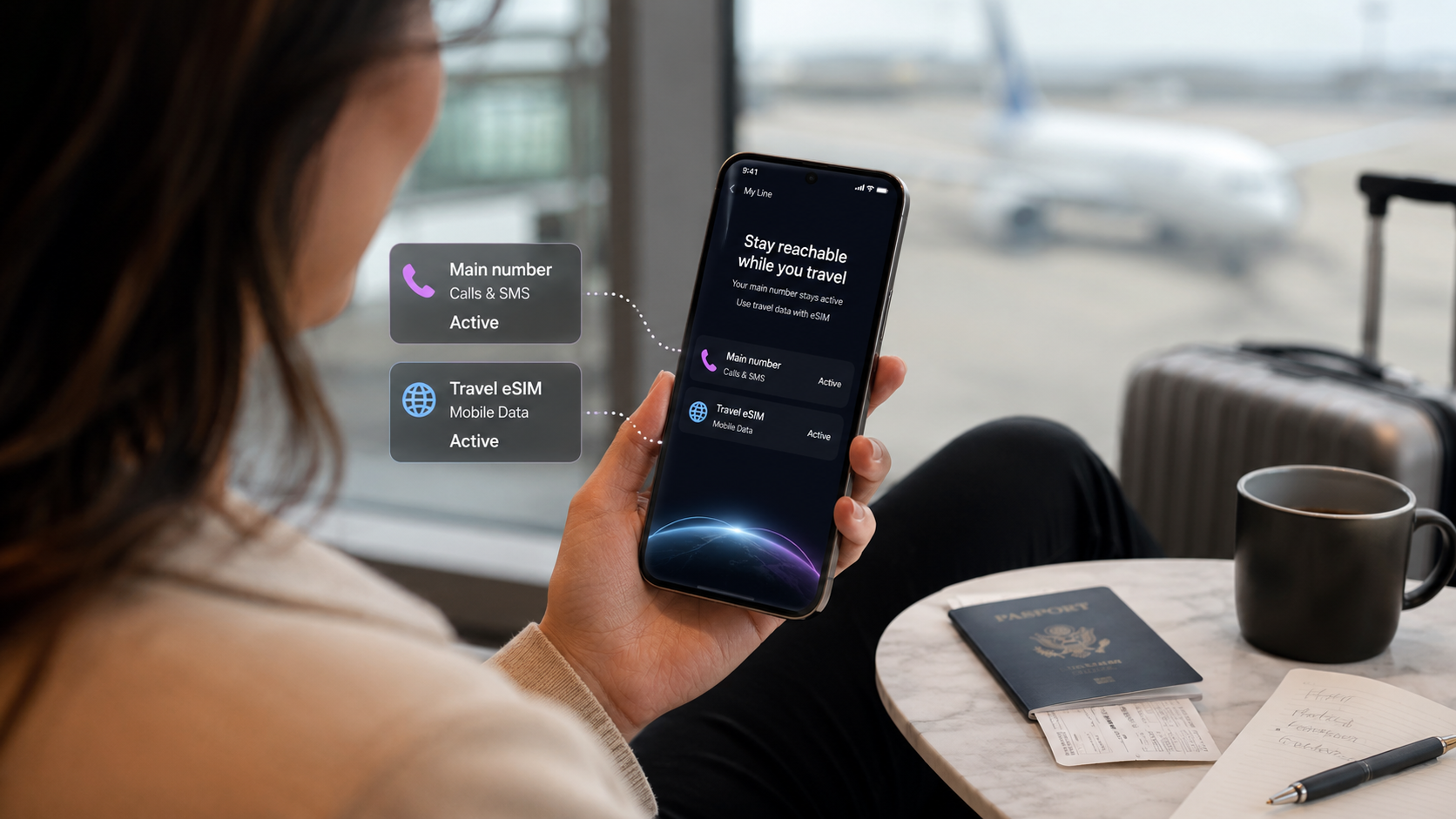 Traveler using a smartphone with main number active while connected to a travel eSIM