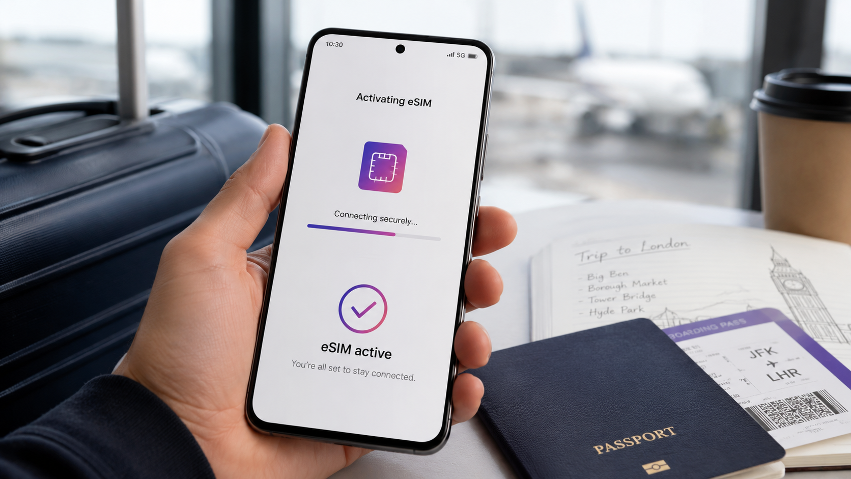 Traveler activating an eSIM on an Android phone before an international trip