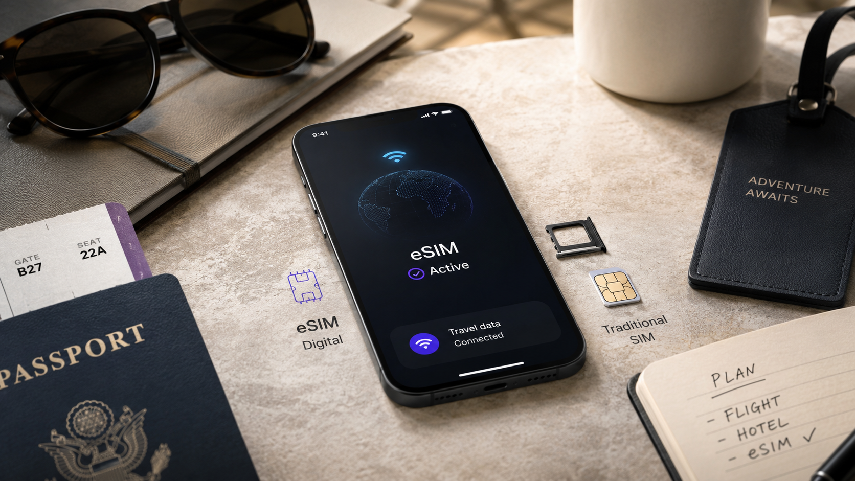 Smartphone with digital eSIM next to a physical SIM card for travel comparison