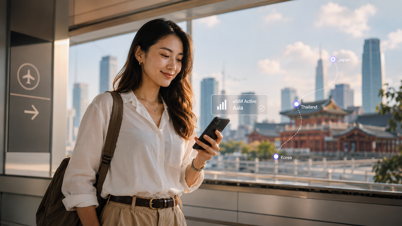 Traveler using a smartphone with an Asia eSIM for travel across Japan, Thailand, Korea and more