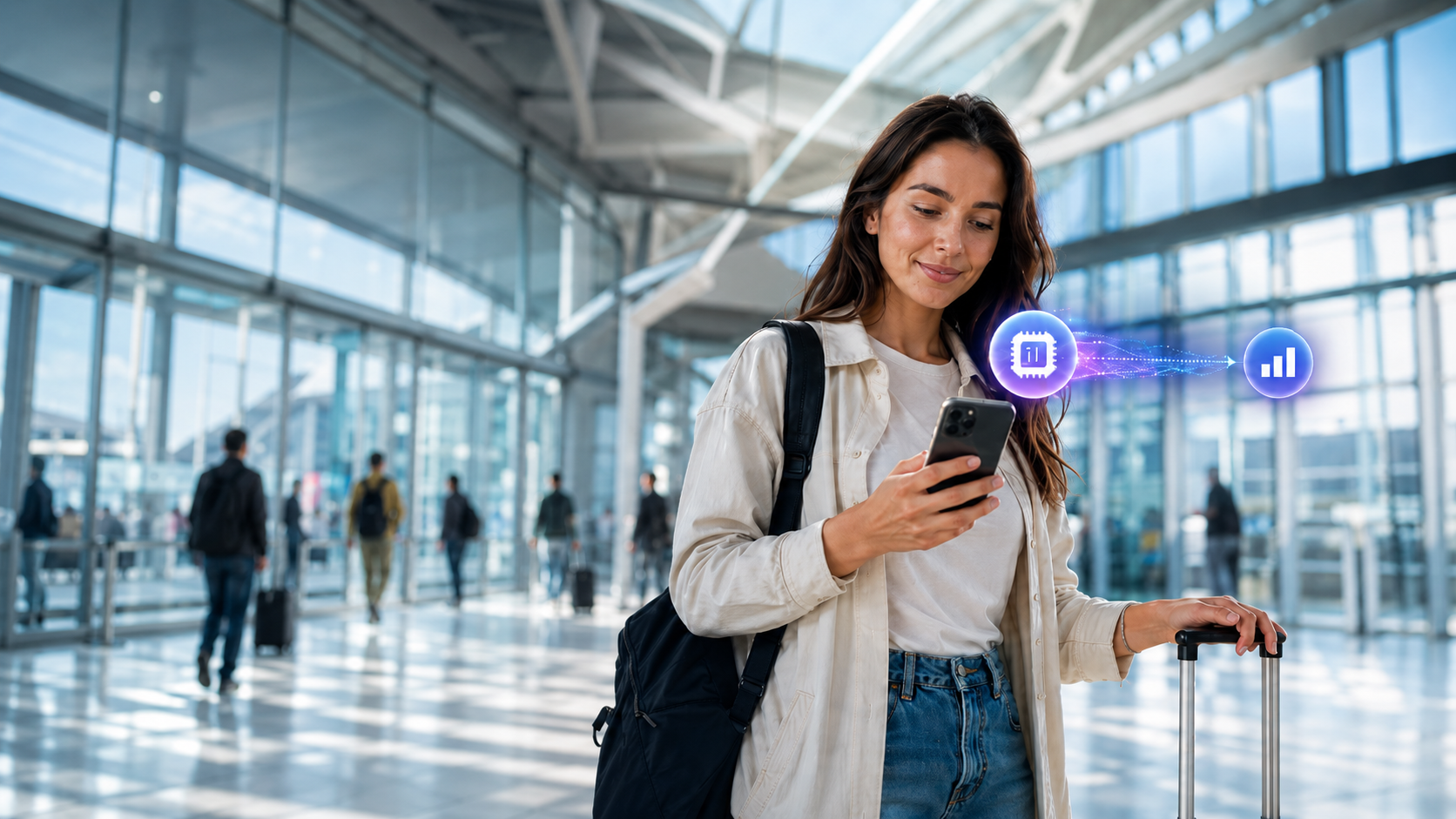 Traveler using a smartphone with a travel eSIM activation visual in an airport
