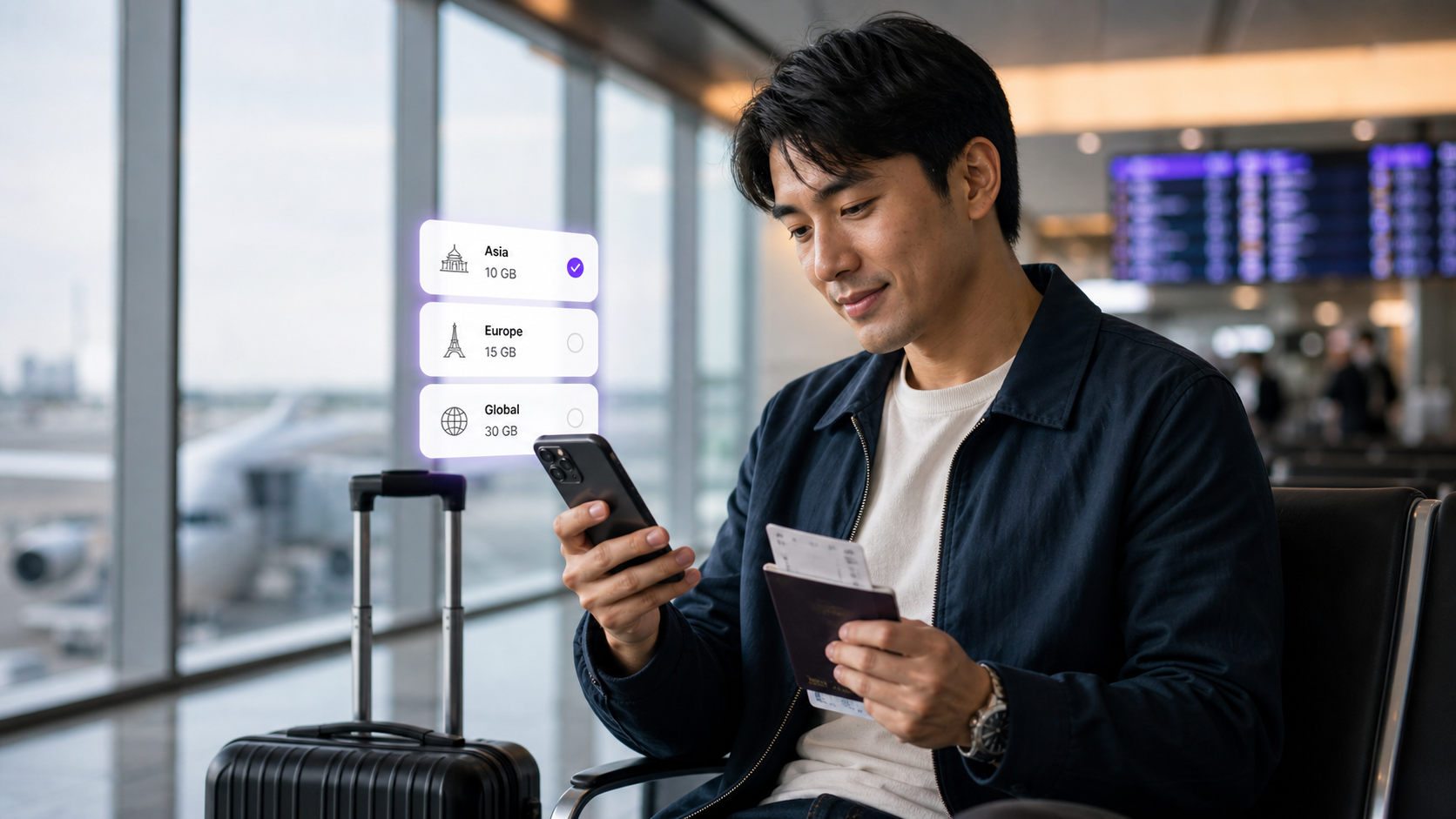 Traveler at the airport choosing the best eSIM plan on a smartphone before flying