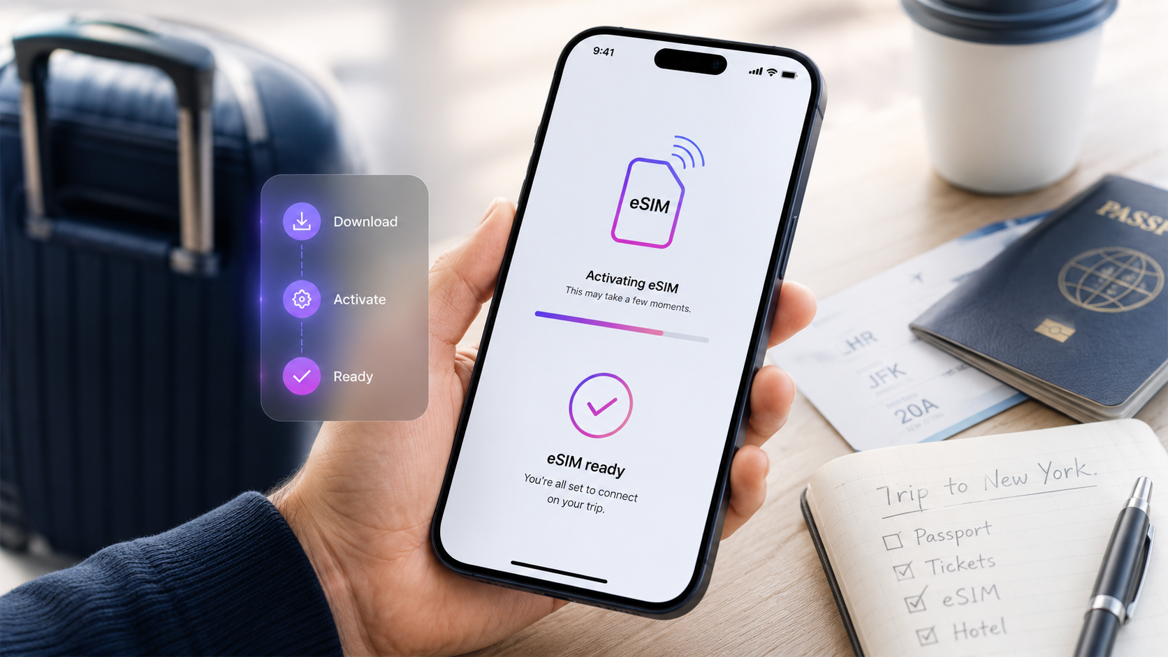 Traveler installing an eSIM on iPhone before an international trip