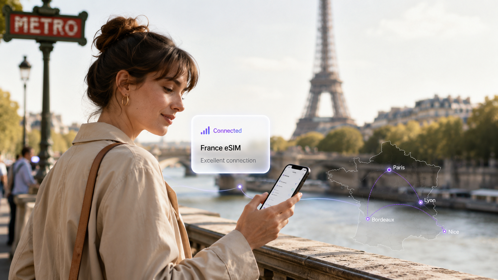 Traveler using a smartphone with a France eSIM for internet access in Paris and across France