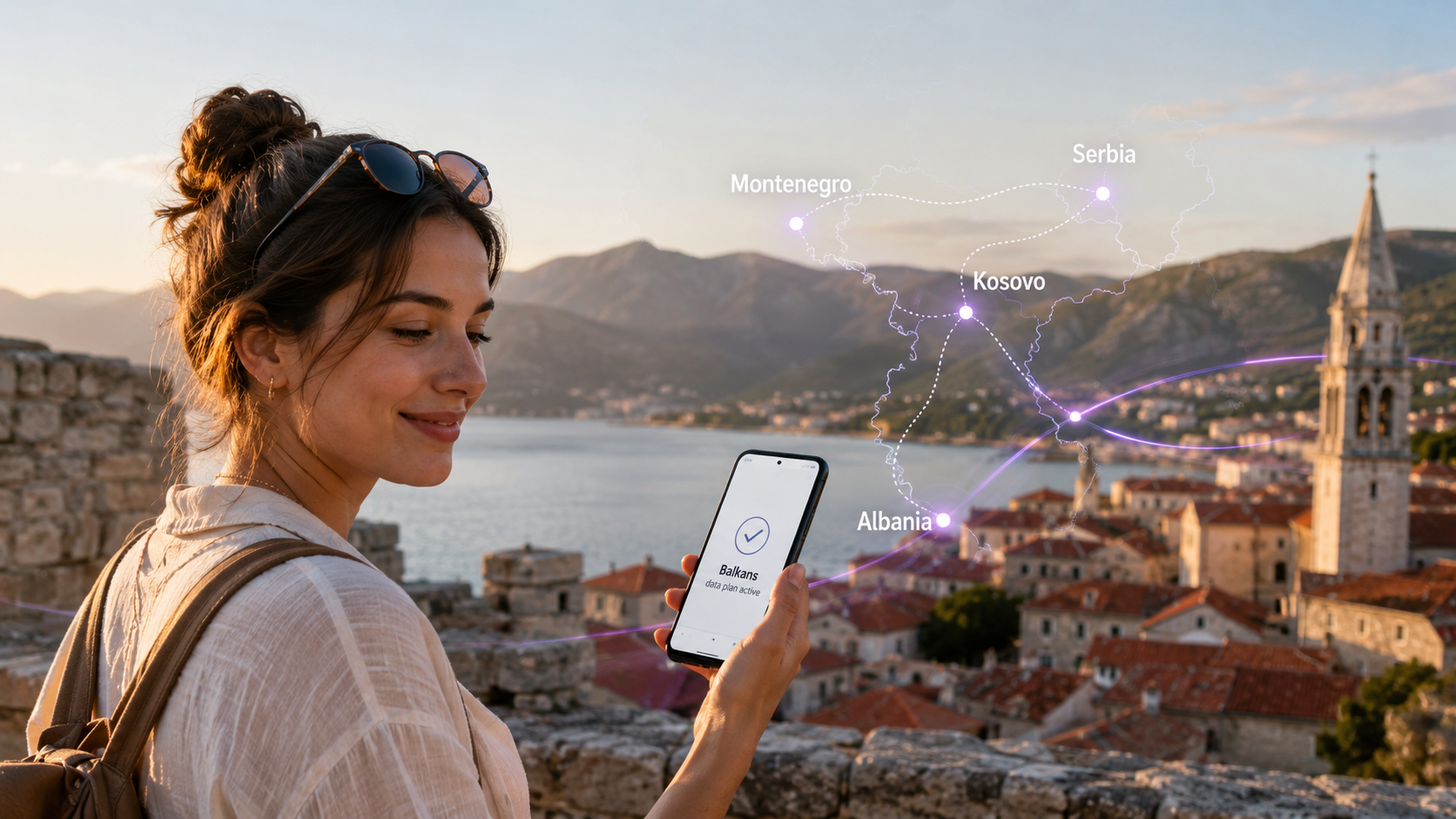 Traveler using a smartphone with a Balkans eSIM for Albania, Kosovo, Montenegro and Serbia